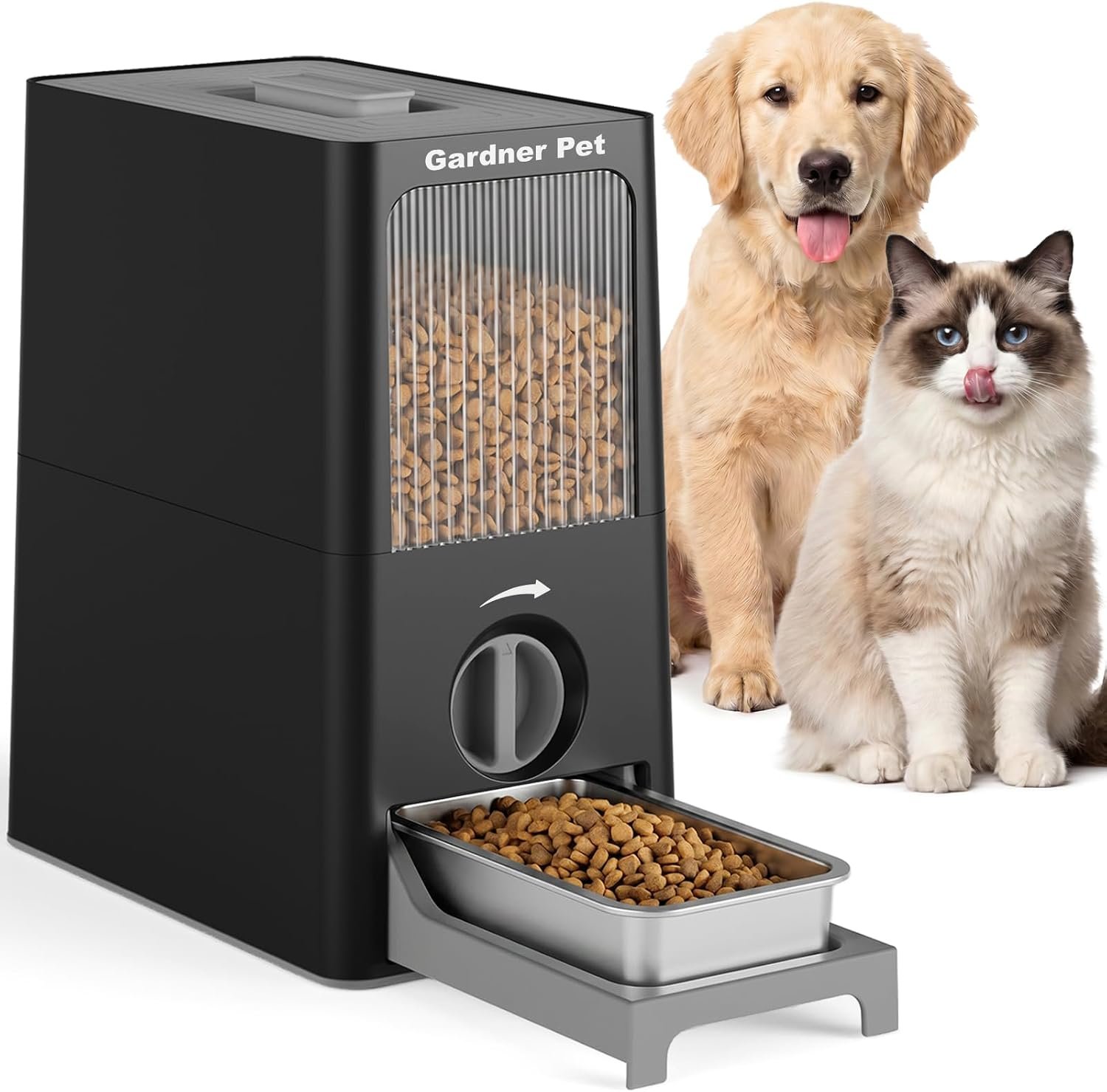 Gardner Pet Food Storage Container & Manual Feeding Feeder Two-in-One Set, 7 lbs Large Capacity with Movable Drawer Base & 304 Stainless Steel Bowls for Dogs, Cats.