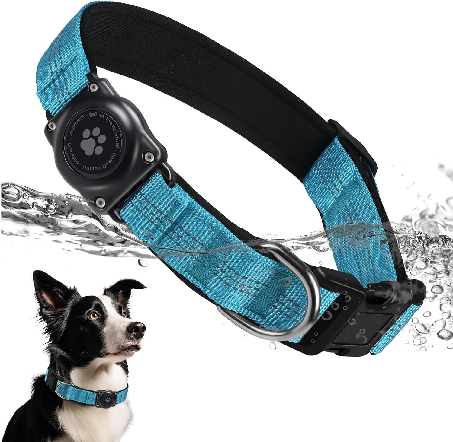 Upgrade Dog Collar with AirTag Holder, IP68 Waterproof, Blue, L