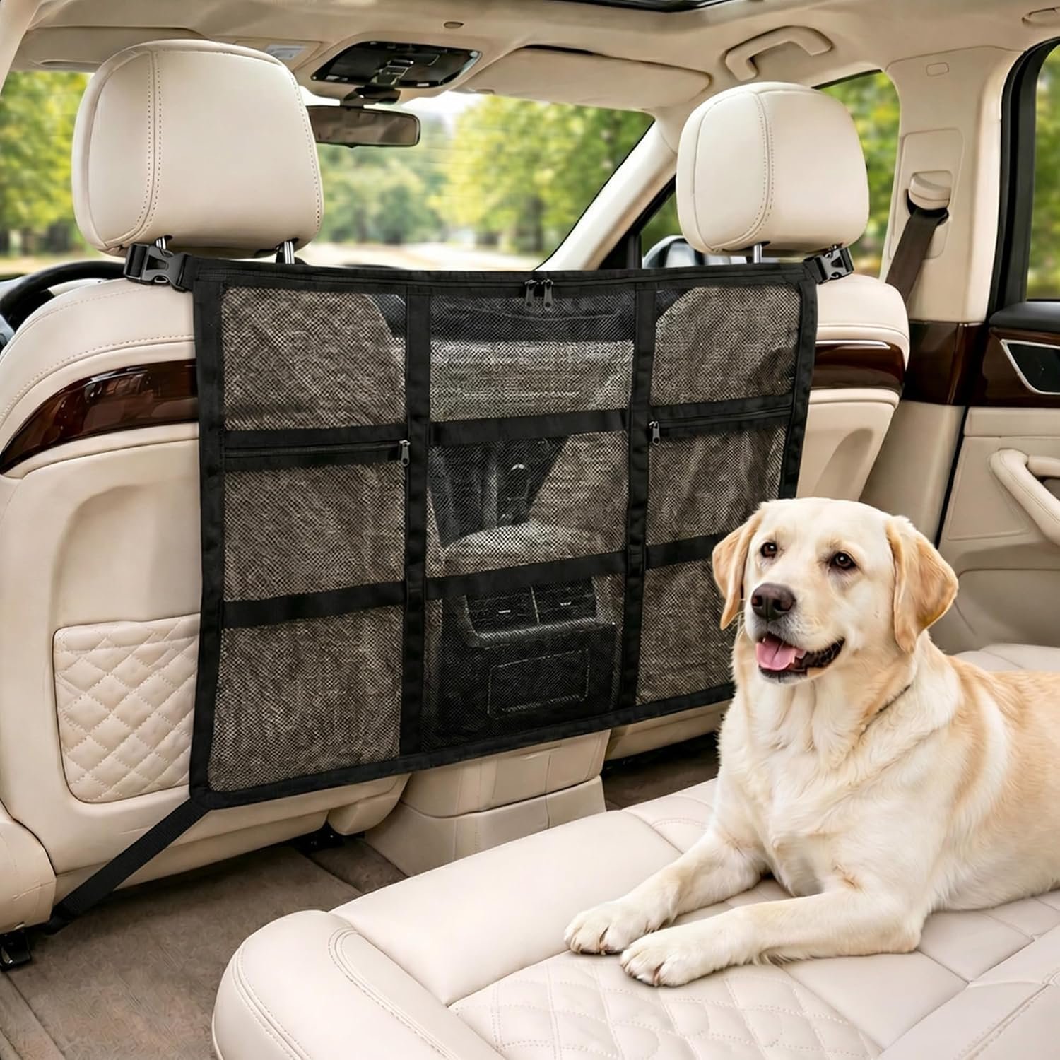 Loscarol Dog Car Barrier with 3-Zipper Storage, Drill-Free Mesh Divider