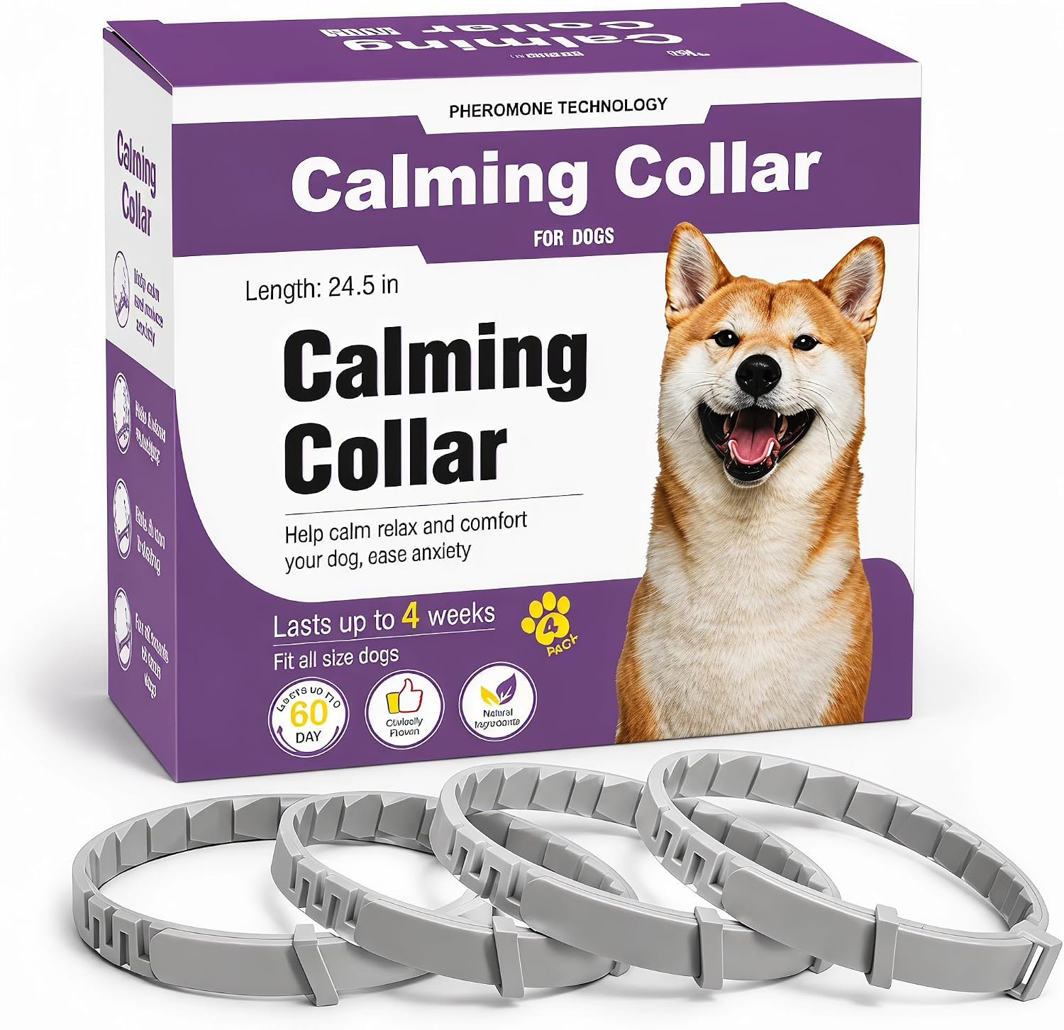 4 Pack Calming Collars for Dog, 60 Day Long-Lasting Pheromone Collar for Dog Anxiety Relief – Waterproof Dog Calm Collar with Natural Lavender & Chamomile – Adjustable 25in Size