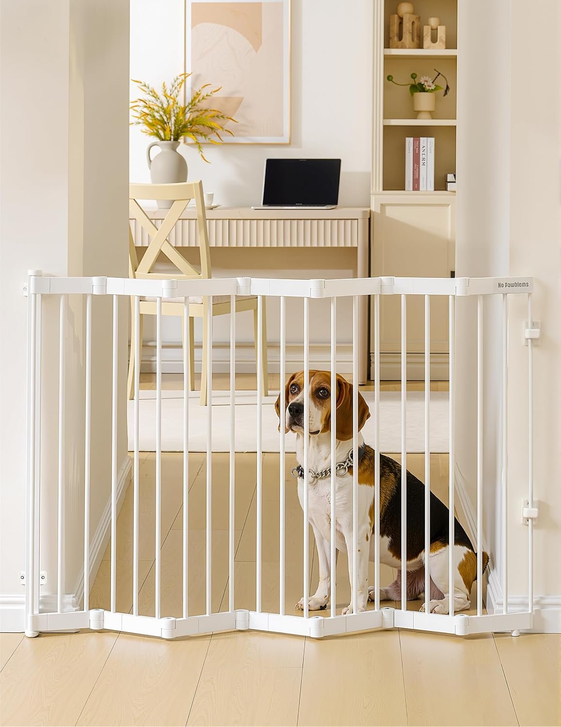 No Pawblems Retractable Safety Gate, Metal Adjustable Dog Gate for Doorways, Stairs & Hallways, Expands to 45″ Wide, Auto Retract Design, No Bottom Bar, White