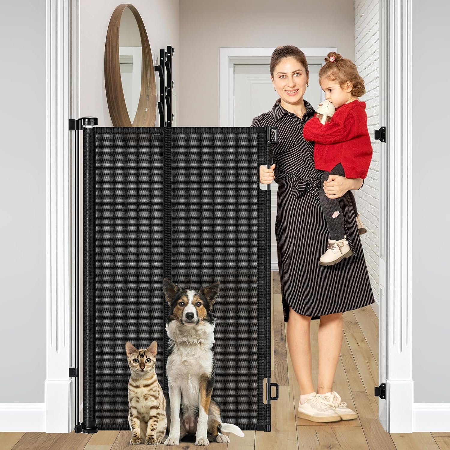 Reinforced 48″ Extra Tall Pet Gate with Support Rods, 4 Ft Tall Retractable Baby Gates for Doorways 55″ Wide Mesh Dog Gate Indoor Outdoor – Prevent Baby/Pet from Jumping Over, Black