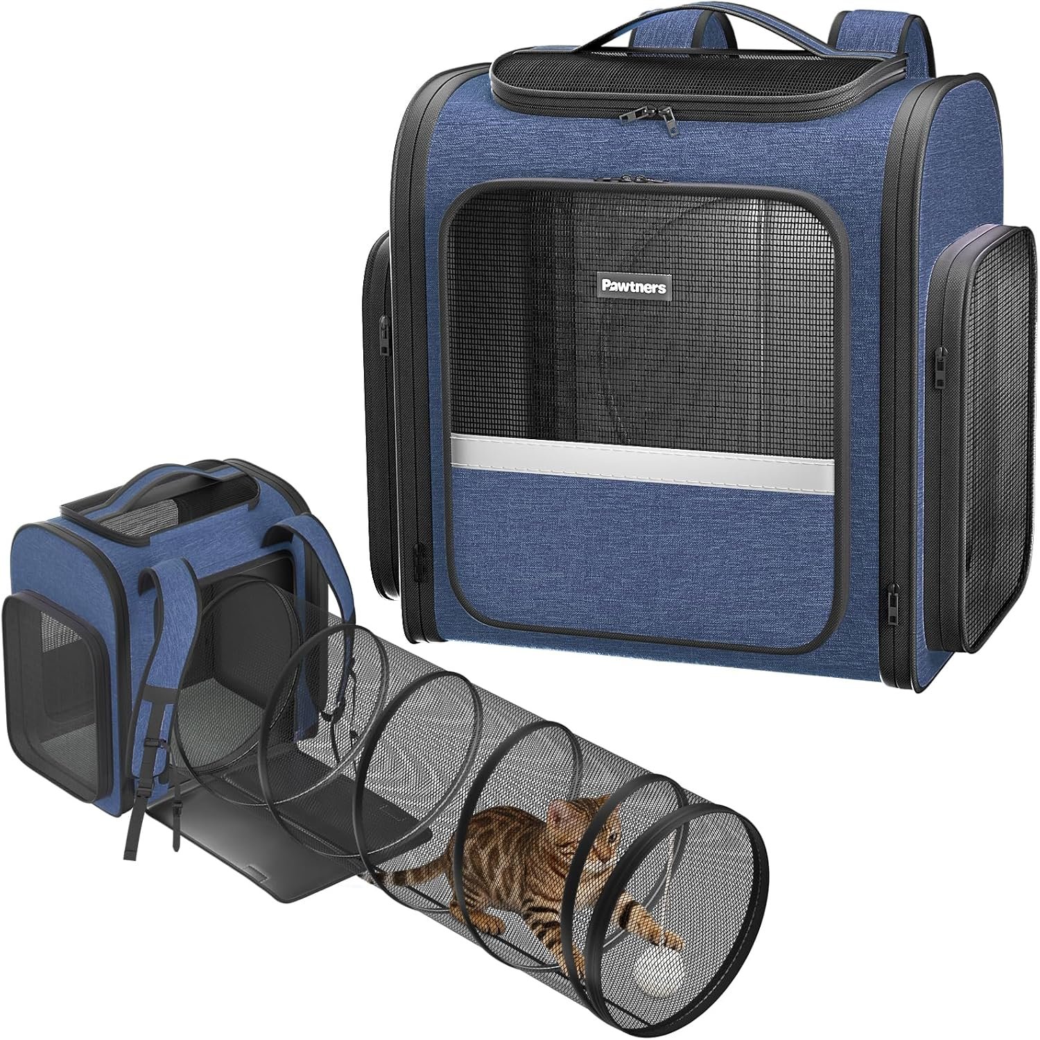 Pawtners Cat Backpack with Play Tunnel, Design for Carrying Playing Blue