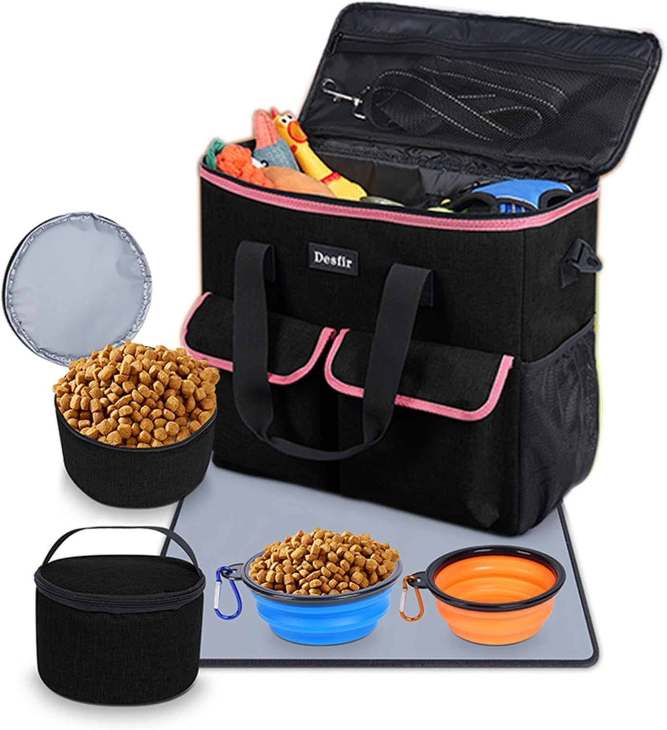 Dog Travel Bag – Dog Travel Kit for a Weekend Away Set Includes Pet Travel Bag Organizer for Accessories, 2 Collapsible Bowls, 2 Travel Food Container