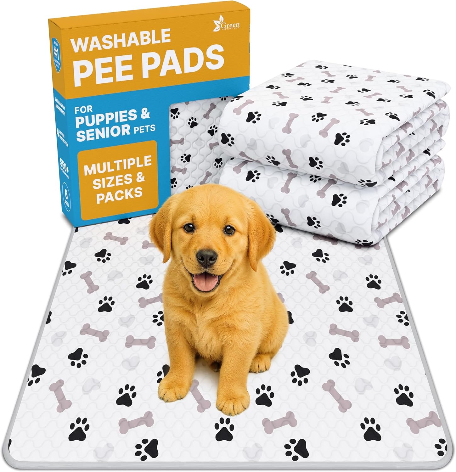 GREEN LIFESTYLE Washable Pee Pads for Dogs – Waterproof Reusable Puppy Pads with Anti-Slip Backing, Pet Training Pad for Puppy Playpen, Crate, Whelping Box, Potty Training (Pack of 2 – 34×36)