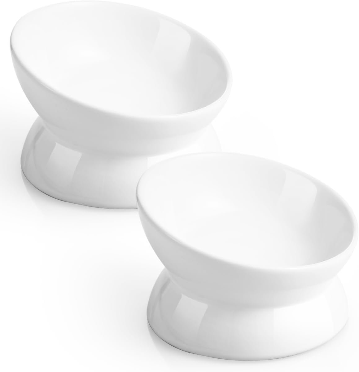 LoeJan Elevated Cat Food Bowl, 5 Oz Ceramic Raised and Tilted Water Bowl, Anti Vomiting and Protect Pets’ Spines Dishes for Small Dog, Fat Faced Cat, Kitten (White, 2 Pack)