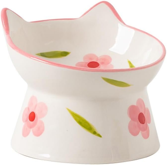 Ceramic Raised Cat Bowls, Anti Vomiting and Protect Pets’ Spines for Indoor Cats Whisker Friendly Pet Feeder for Cats Puppies (Pink)