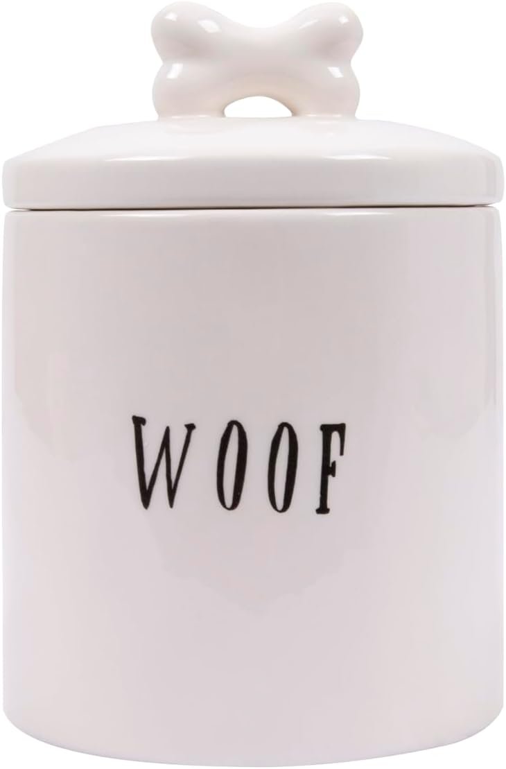 Creative Co-Op Ceramic Dog Treat Jar with Woof Message and Bone Handle Lid, White and Black