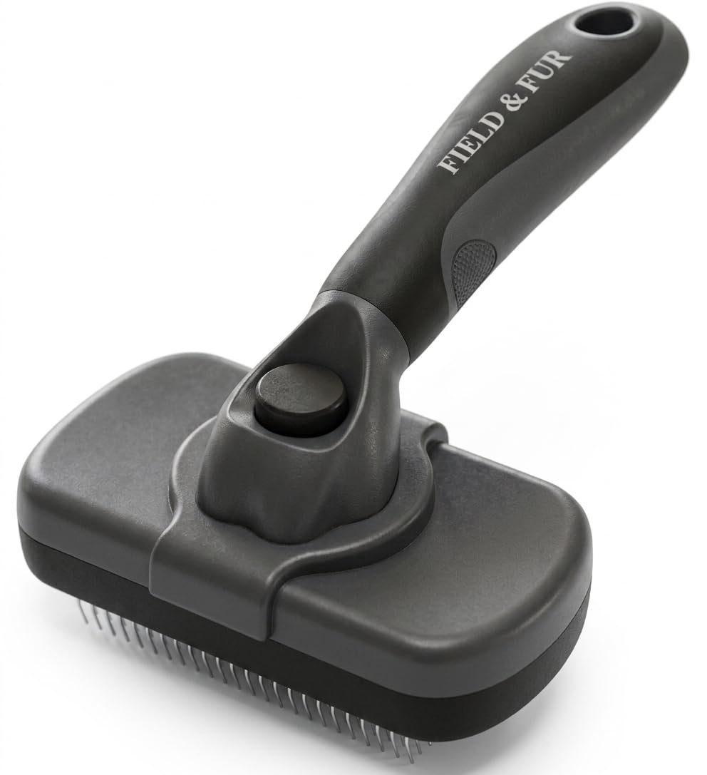 FIELD & FUR Self-Cleaning Slicker Brush for Dogs & Cats, Pin Brush for Goldendoodles, Labradoodles, Poodles, Puppies & Long-Haired Coats – Skin-Friendly Stainless Steel Pins for Shedding & Dematting