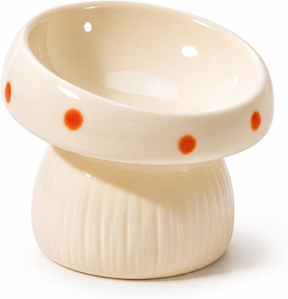 Ceramic ElevatedMushroom Feeding Cat Bowl Whisker Friendly