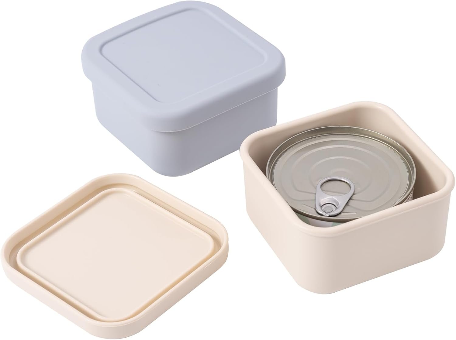 SLSON Cat Can Cover 5.5 oz Canned Food Storage Container, 2Pack Silicone Can Sealer with Airtight Lids Compatible with 5.5oz Friskies & 3.5oz Cesar Pet Cans for Fridge to Keep Fresh (Beige and Grey)
