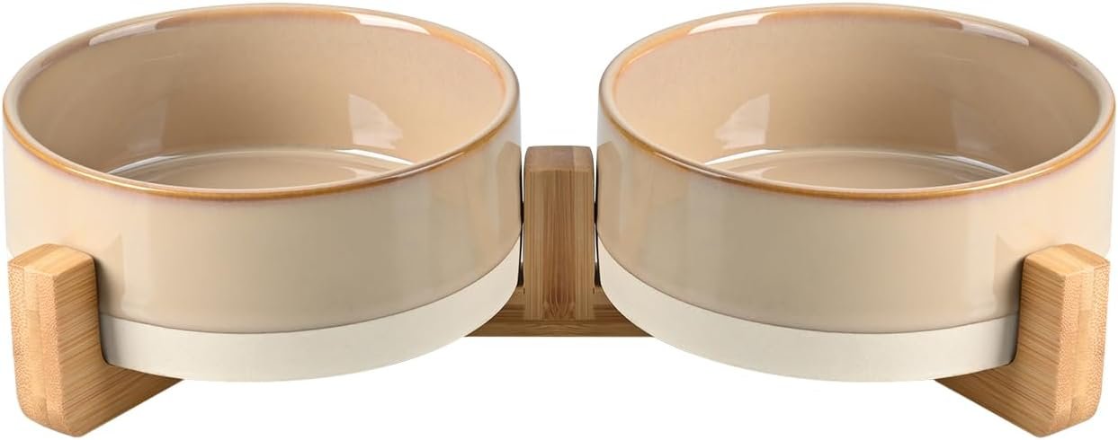 SPUNKYJUNKY Ceramic Dog and Cat Bowl Set with Wooden Stand, Modern Cute Weighted Food Water Bowl Set for Small Size Dogs (1.7 Cups, 2 × Pattern Brown)