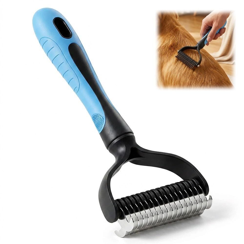 Double-Sided Pet Grooming Brush, Undercoat Rake Deshedding Brush for Dogs and Cats,Extra Wide 17 Teeth Dog Detangler Comb,Pet Pro Grooming Tool For Long hair & Thick Coats (blue)