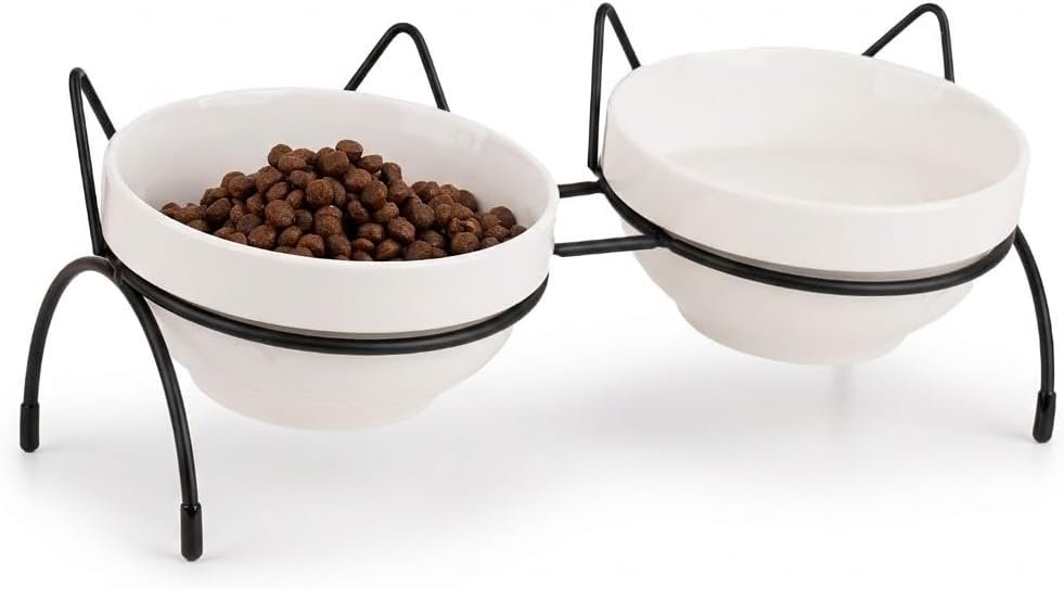 Cat Food Water Bowl Set, Double Ceramic Pet Bowls with 15°Tilted Raised Stand, Elevated Feeding Station with Two Removable Bowls, Raised Cat Bowl, Anti Vomiting Pet Dish Feeder, Kitten and Small Dogs
