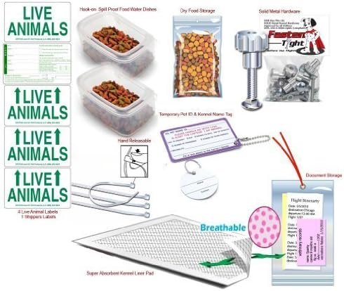 Complete – LG Deluxe Pet Airline Travel Kit with Pad, Dishes, Live Animal Labels, Water Funnel, Metal Nut Bolts, Name tag, Travel Document Holder