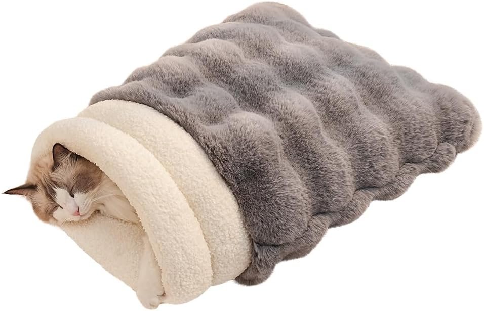 SOMAHE Cat Sleeping Bag for Indoor Cats, Faux Fur Pet Cave Bed & Burrow Nest, Reversible Plush Snuggle Sack, Portable Foldable Mat, Machine Washable, Anti-Static, 21.7″x17.7″Grey