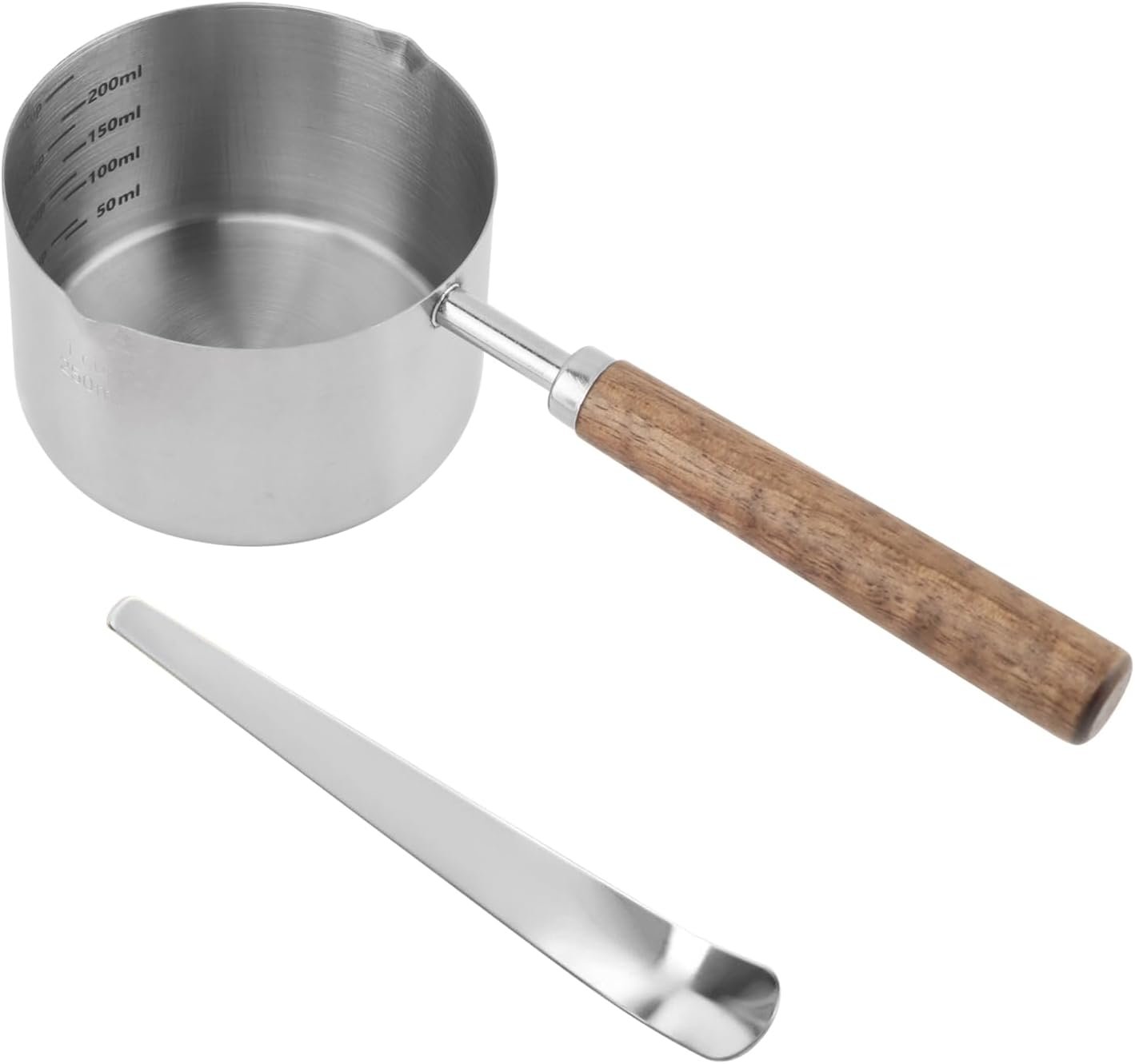 1 Cup Dog Cat Food Scoop, 304 Stainless Steel Dog Food Measuring Cup with Medium Scoop, Precision Scale Measurements, Multi Purpose Tool with Walnut Wooden Handle for Pet Food, Rice, Flour,
