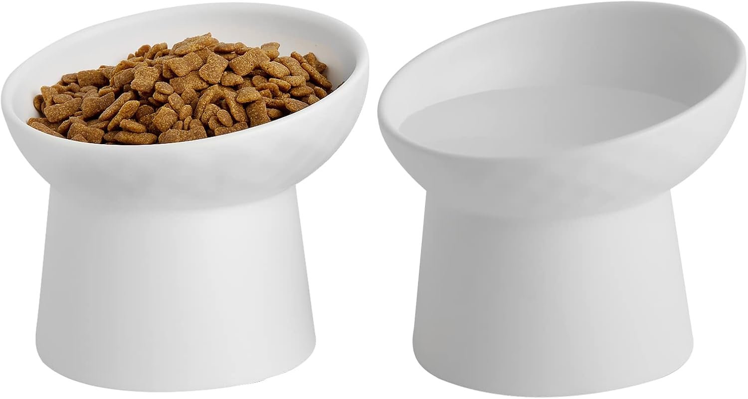 Elevated Cat Bowls, 15° Tilted Ceramic Raised Cat Food and Water Bowl Set, Whisker-Friendly Porcelain Pet Feeder Dishes for Indoor Cats and Small Dogs,White,5.2 Inch,2 Pack
