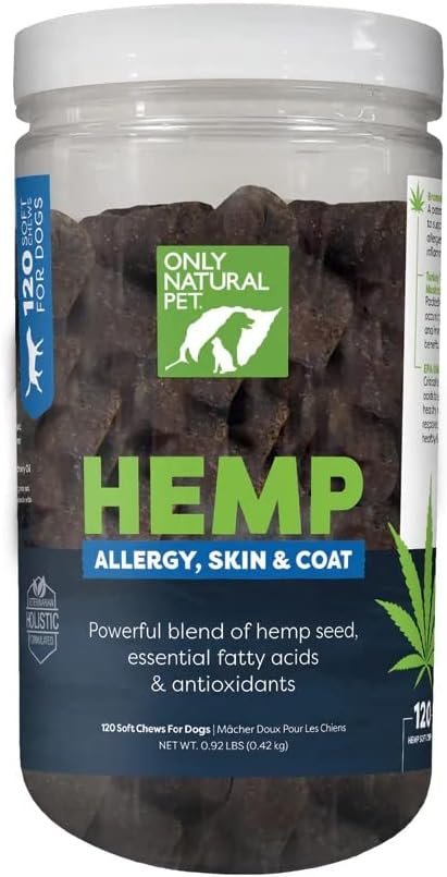 Only Natural Pet Allergy, Skin & Coat Hemp Soft Chews – Allergy Immune Bites for Dogs, Omega 3 Supplement, Calming Treats for Itchy Skin Relief, Hot Spot – (120 Count) (Al.)
