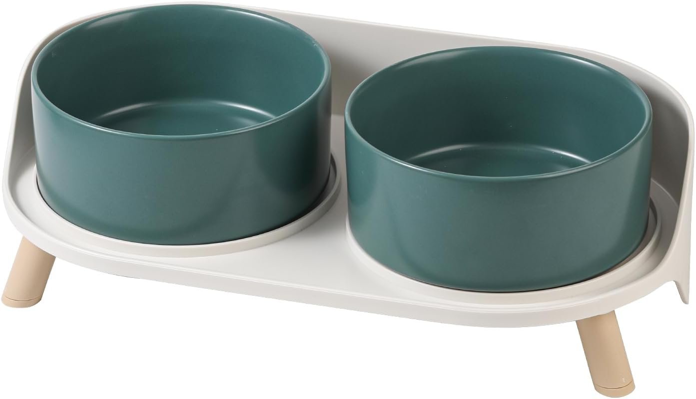 Elevated Ceramic Dog Bowl Set – Double Dog Feeding Bowls with Stand Splash Proof – Raised Dishes for Food and Water – Ideal for Small to Medium Dogs – 2 x 720 ml – 11.3 oz – Green
