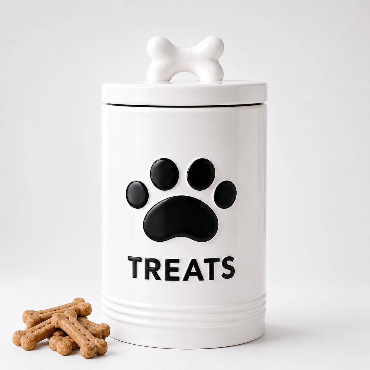 White Dog Treat Container, 5.3”×9.1”, with Airtight Lid, 7 Cups Capacity
