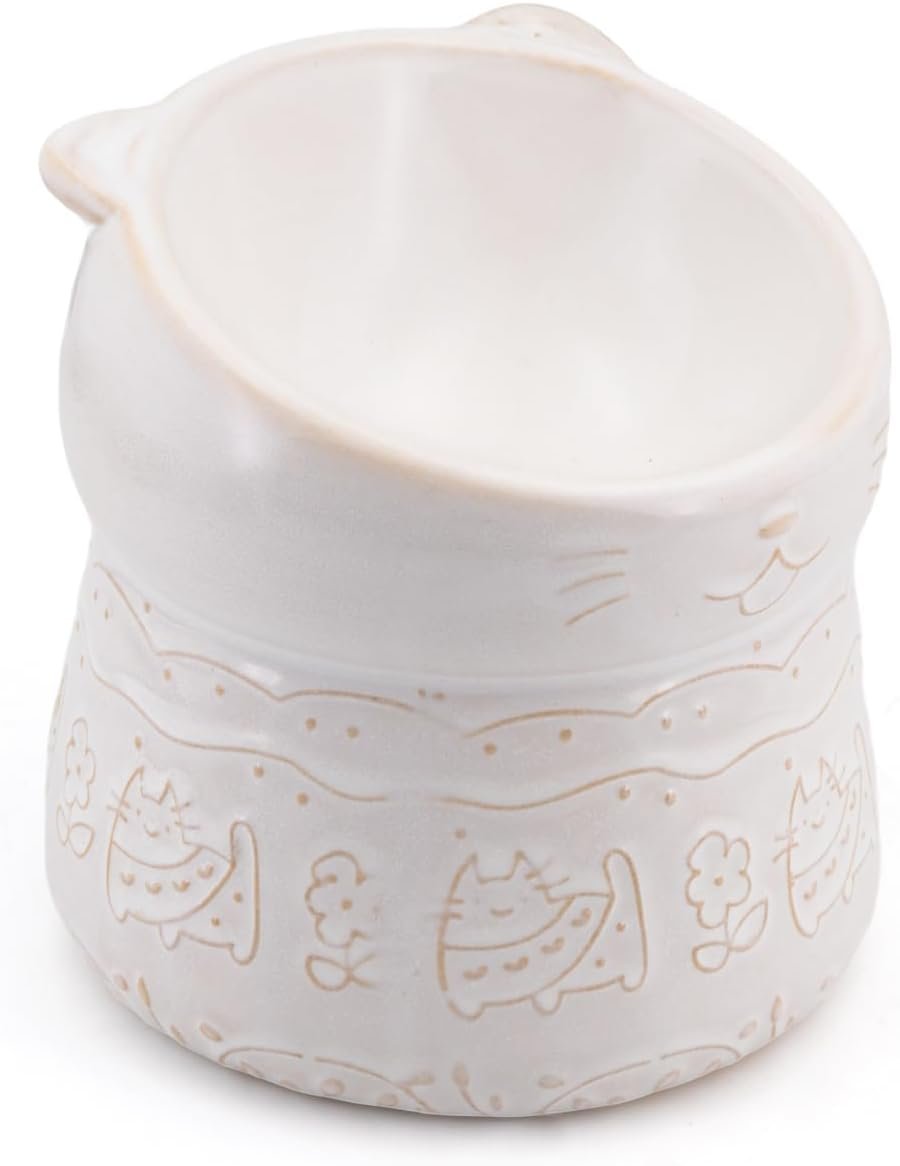 Cute Emboss Elevated Ceramic Cat Bowl, 15° Tilted Whisker-Friendly Design Cat Foods Bowl for Whisker & Neck Fatigue Relief, Dishwasher Safe Pet Water Bowl for Cats & Dogs (White)