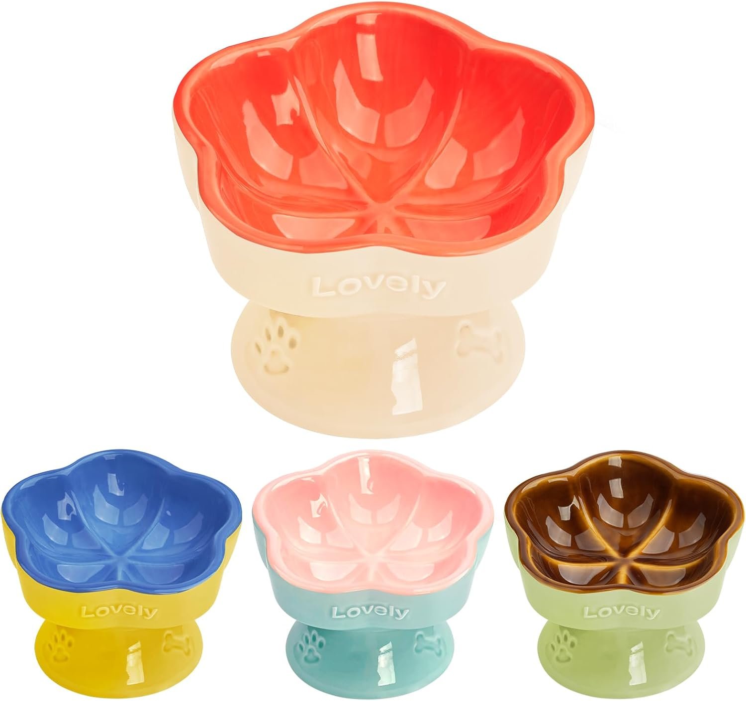 S&Q’s CERAMICS Raised Cat Bowl, Elevated Cat Bowl for Food and Water, Ceramic Titled Dish, Anti Vomit & Whisker Friendly, Microwave and Dishwasher Safe (Orange, 5.8″)