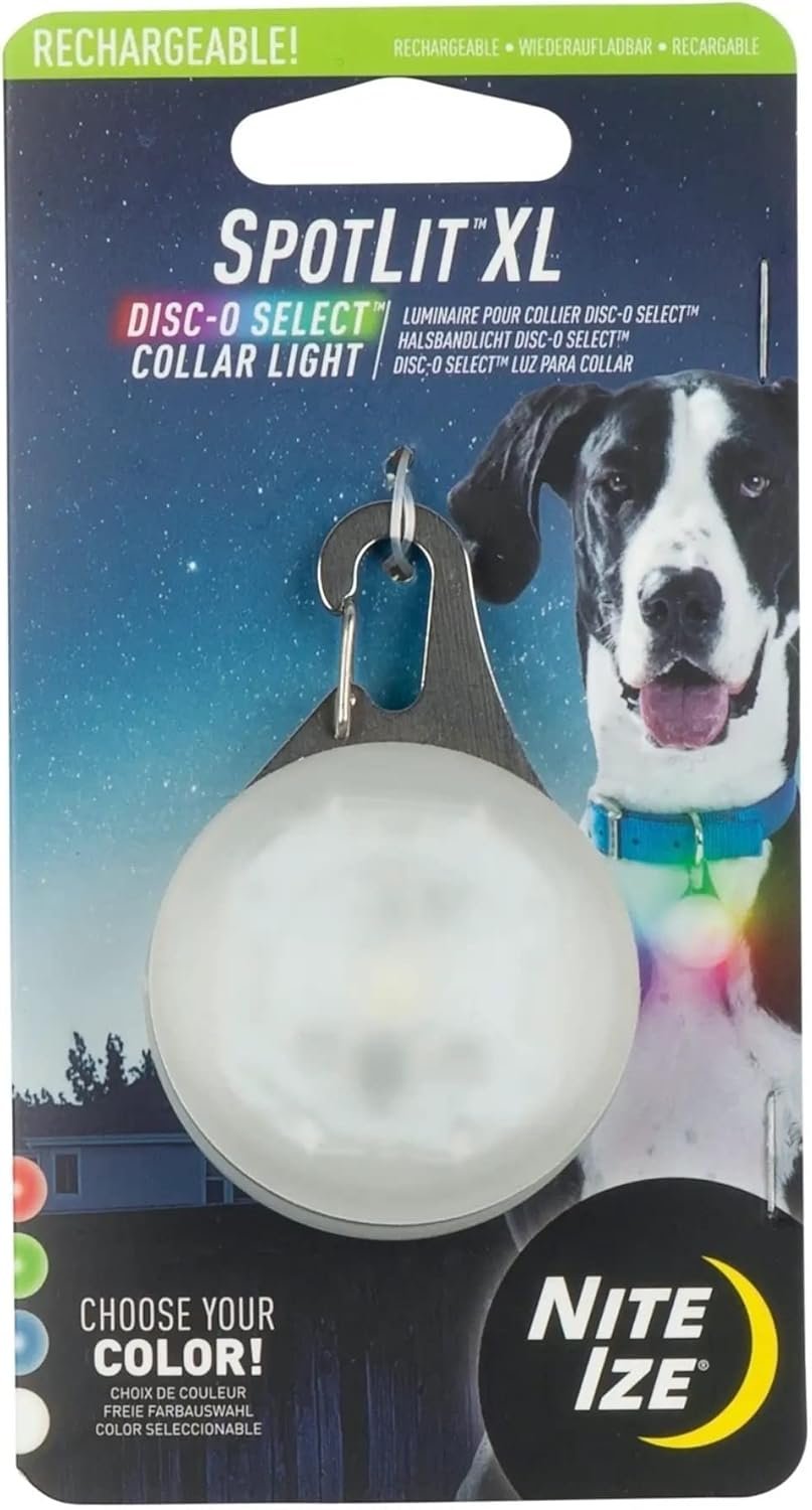 Nite Ize SpotLit XL Rechargeable Collar Light – Disc-O Select – Clip-On Pet Accessory for Nighttime Visibility – Color-Changing LED – Stainless Steel Carabiner Clip – Weather-Resistant
