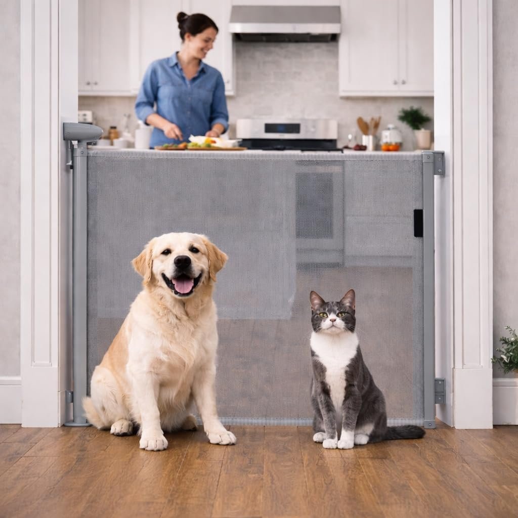 Retractable Mesh Safety Gate, Pets Gate, Baby Gate, 33″ Tall, Extends to 55″ Wide, for Stairs, Doors, Hallways, Indoor/Outdoor (Grey, 55 Inches)