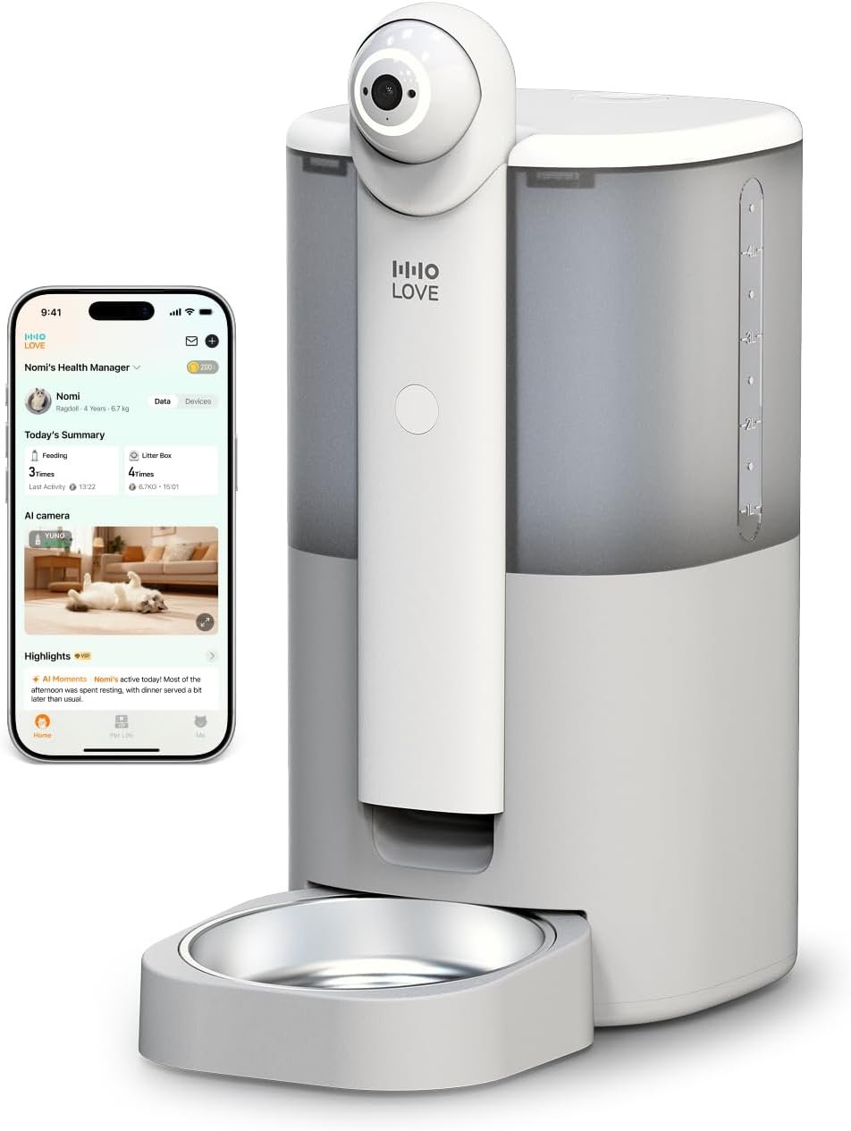 HHOLOVE Yuno AI Smart Automatic Cat Feeder with 2K 360° Camera Auto-Track, AI Health Insights, Two-Way Audio, Night Vision Camera, 2.4G&5G WiFi, Small Dog Feeder, 5L