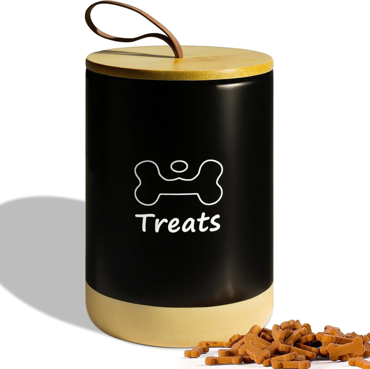 Dog Treat Container Airtight – 5 Inch Wide x 7.5 Inch Black Ceramic Dog Treat Jar for Kitchen Counter, Doggie Cookie Jar with Airtight Bamboo Lid – Farmhouse Style Dog Food Storage Container