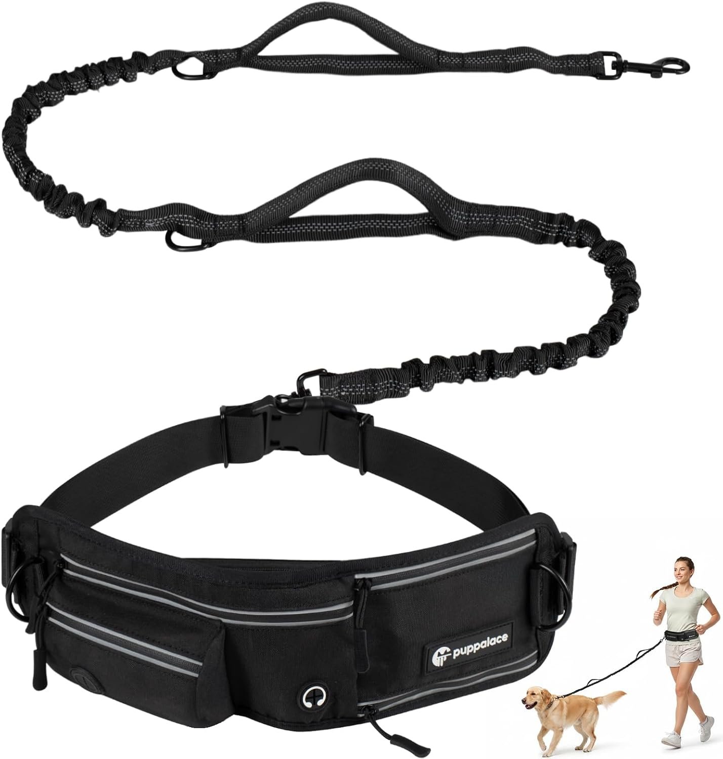 Hands Free Dog Leash with Waist Pack Bungee for Running Black