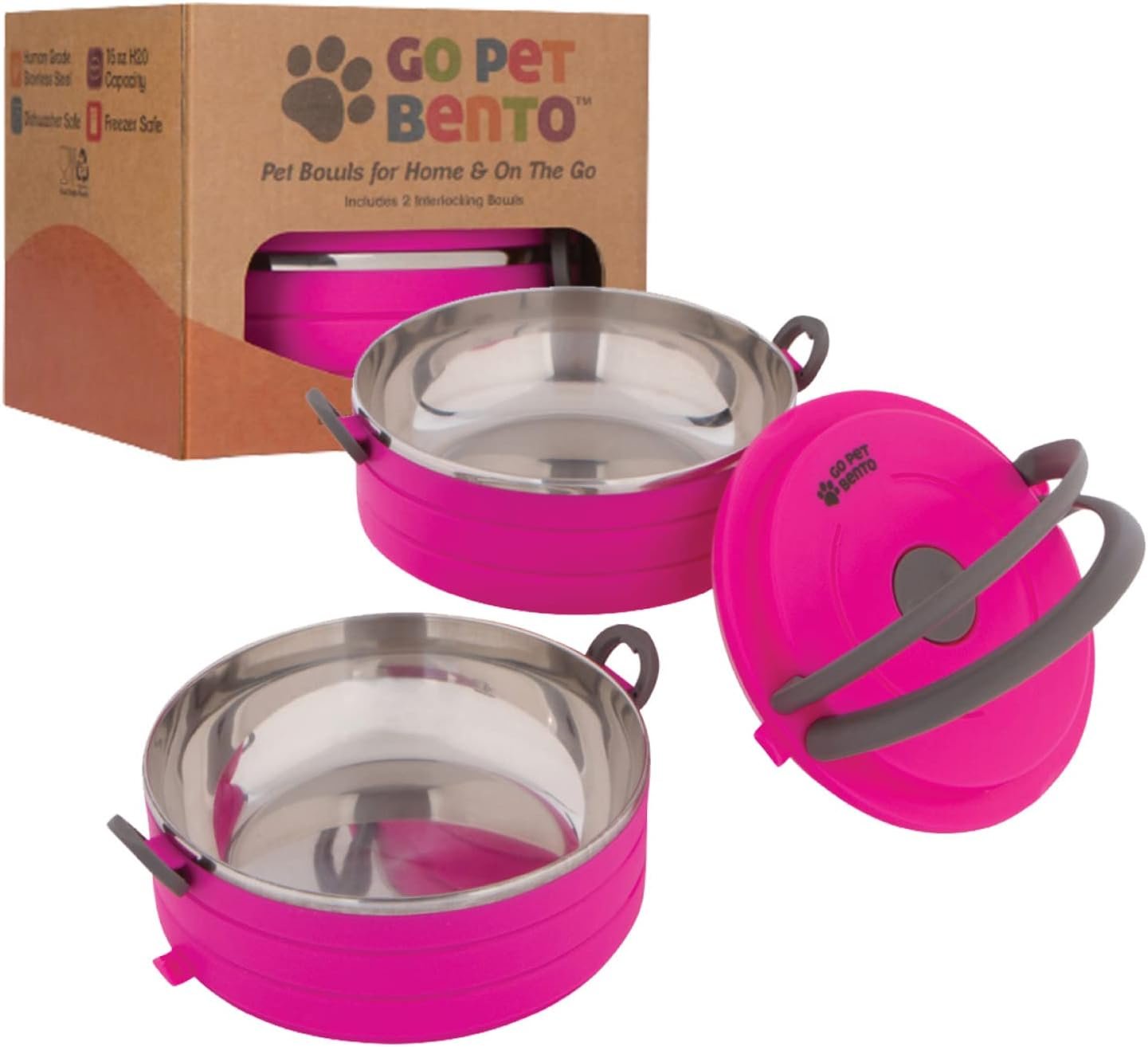 Healthy Human Travel Pet Bento Bowls – Human-Grade Stainless Steel & BPA-Free, Leak-Proof Water & Food Container Set for Dogs & Cats, 2-Pack Interlocking Bowls, Includes Spare Clips & Handle (Pink)
