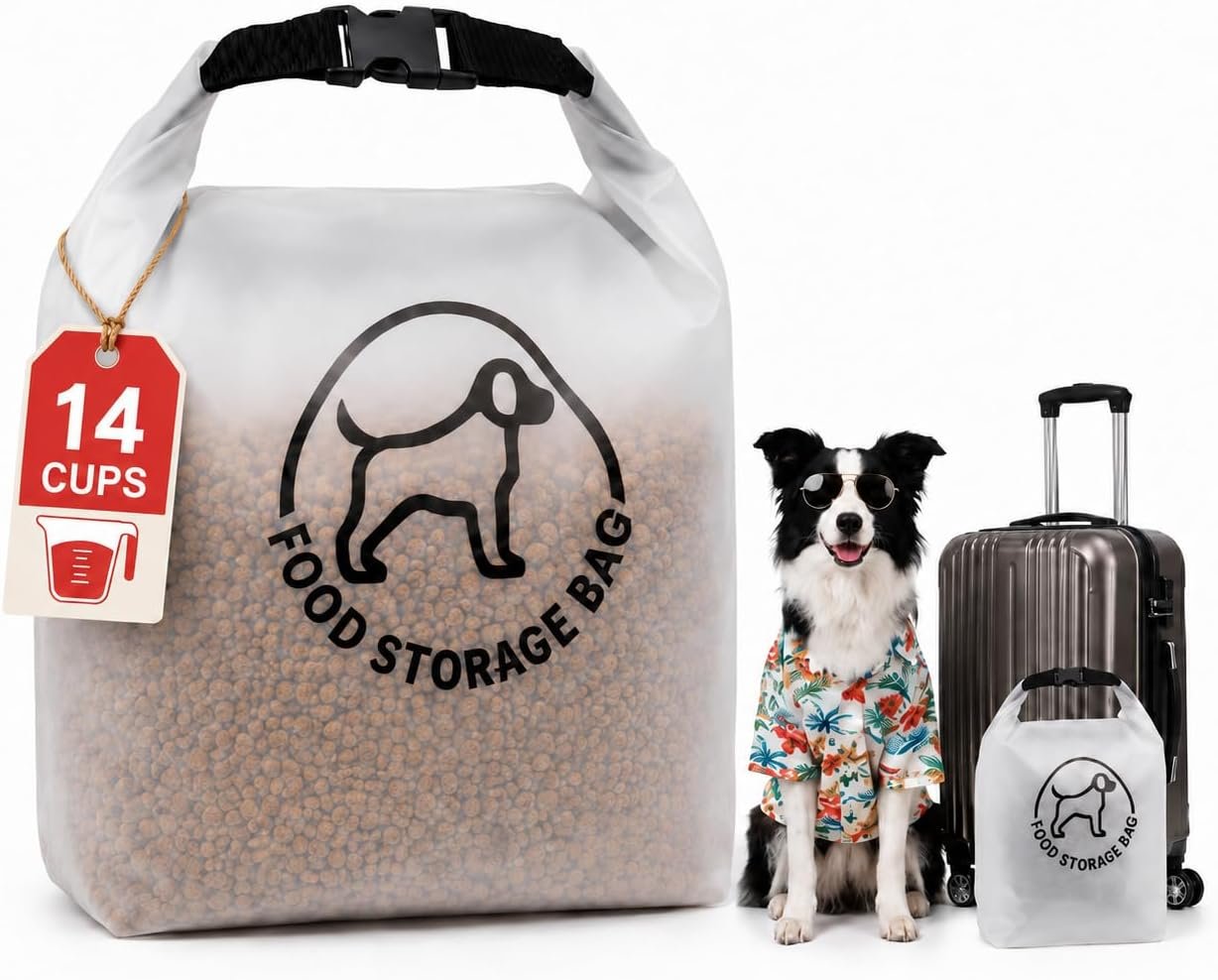 Dog Food Travel Bag, Reusable Silicone Pet Food Storage Container, Leakproof & Airtight Kibble Storage with Roll-Top Closure for Camping, Hiking & Road Trips,14 Cups