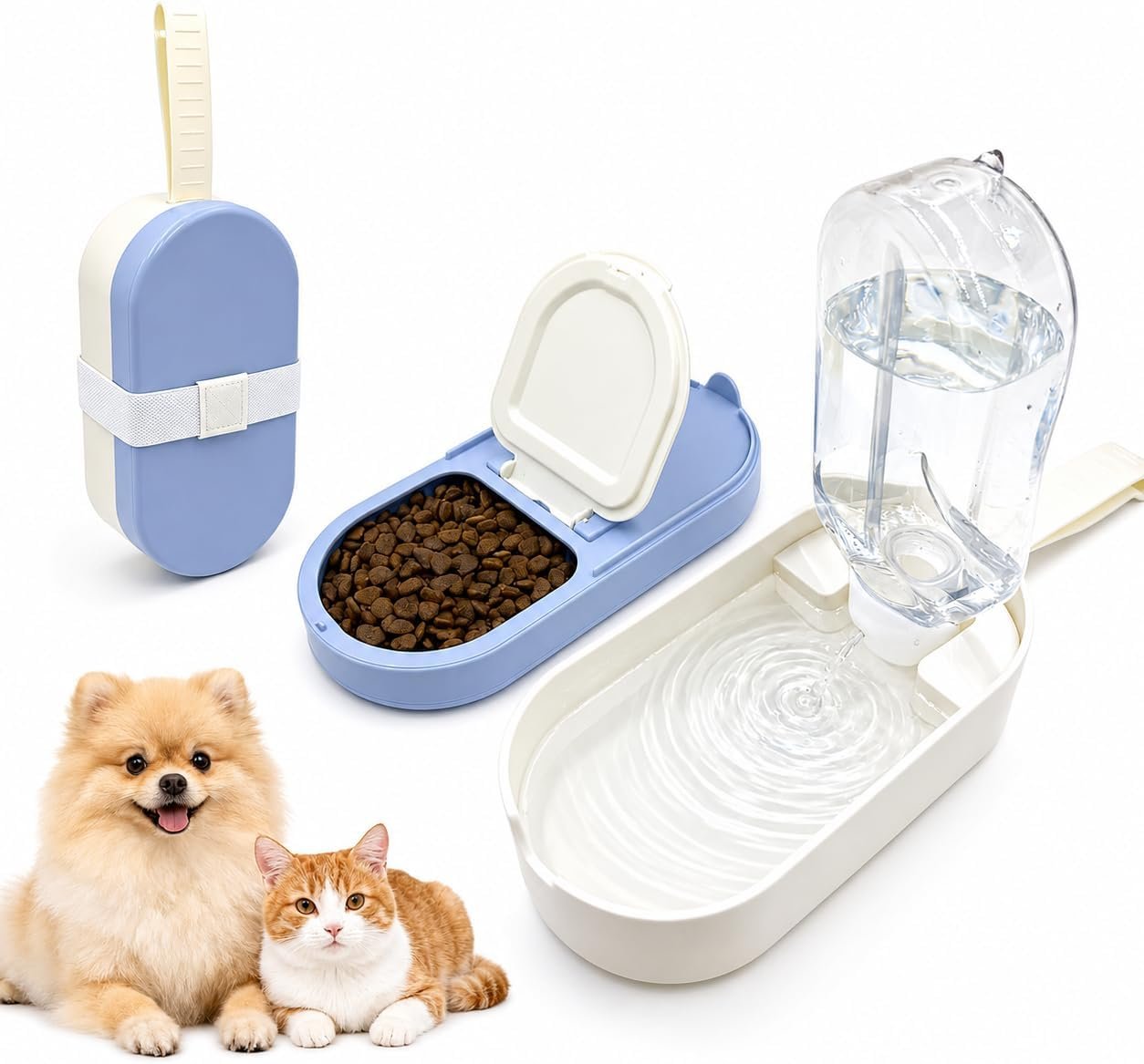 Portable Pet Bowl with Water Bottle and Food Container | Leak-Proof Collapsible Dog Cat Travel Feeder for Outdoor Adventures, Hiking, and Camping (Blue)