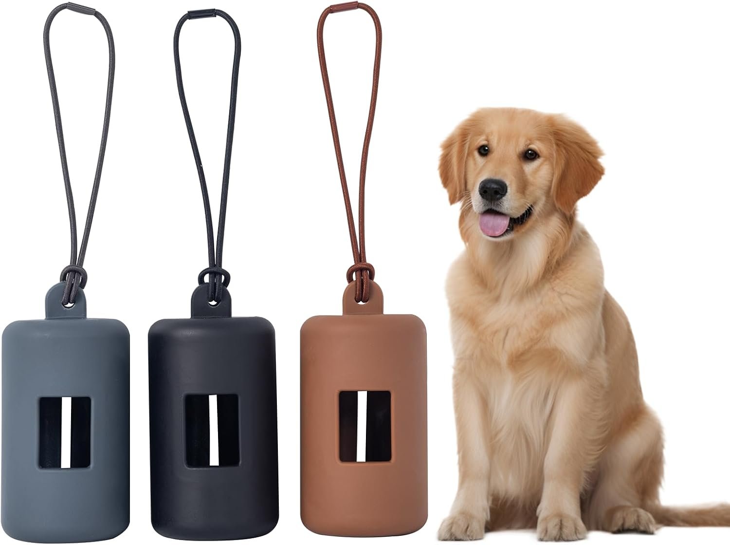 3Pack Dog Poop Bag Holder for Leash,Integrated Molding Soft Plastic Pet Waste Bag Dispenser with Elastic Loop Protable Doggie Poop Bag Dispensers (Black+Brown+Grey)