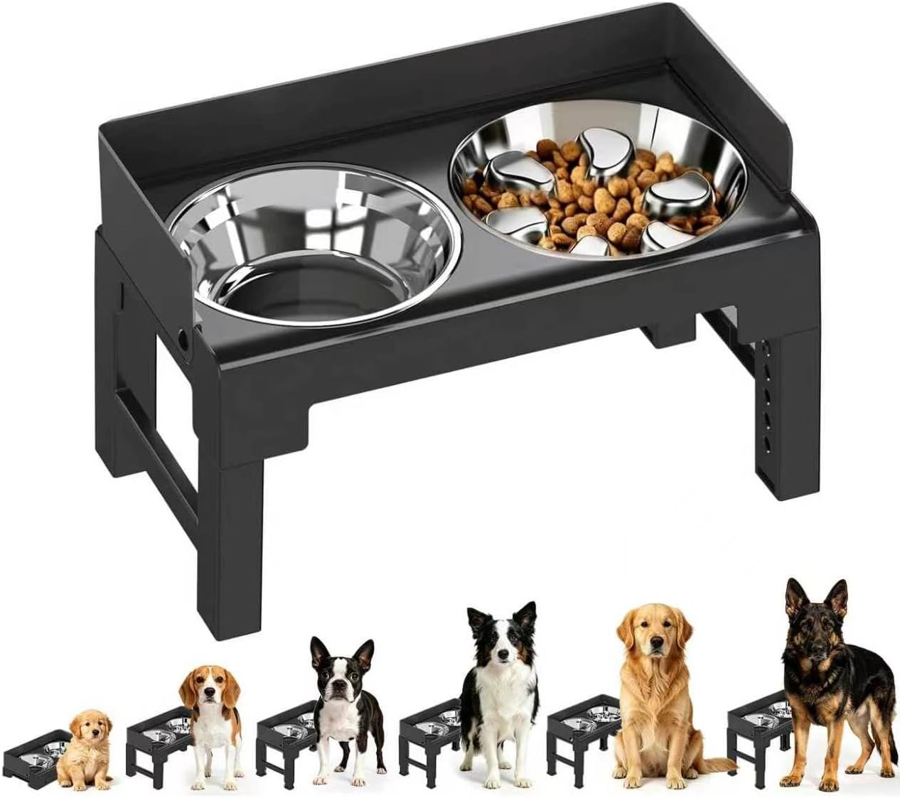 PAKEWAY Elevated Dog Bowls with Stainless Steel Slow Feeder Bowl for Medium and Large Dogs, Spill-Proof Tiltable Dog Feeder with 2 Bowls, 6-Height Adjustable Raised Dog Bowl Stand