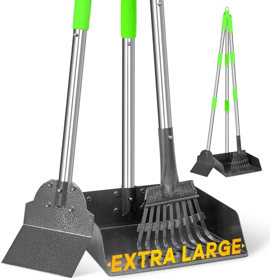 Pooper Scooper for Dogs Metal Heavy Duty Long Handle Rake, Spade & XL Tray