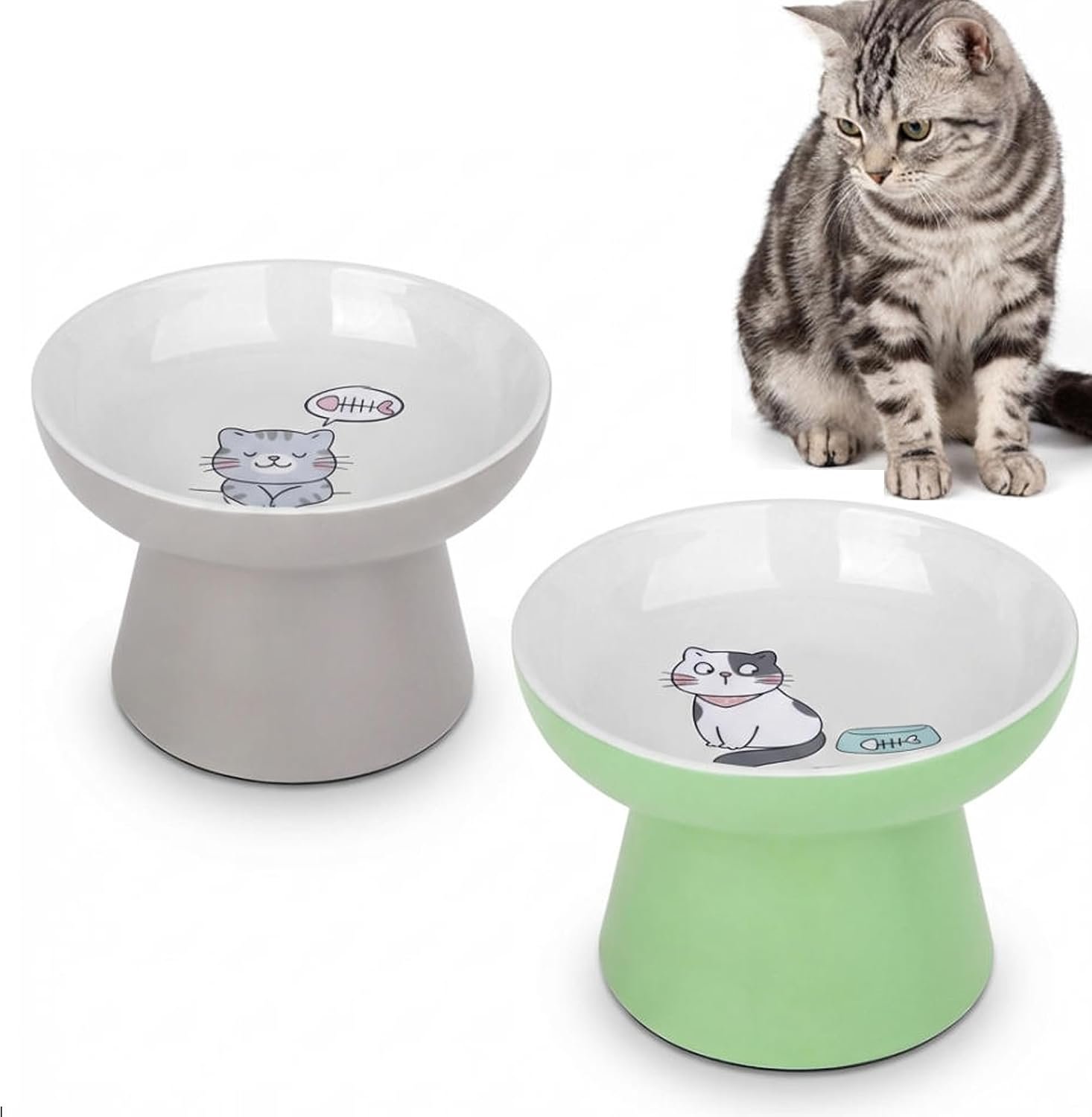 Elevated Cat Bowls,2 Pcs Ceramic Raised Cat Food Bowls with Non-Slip Base,