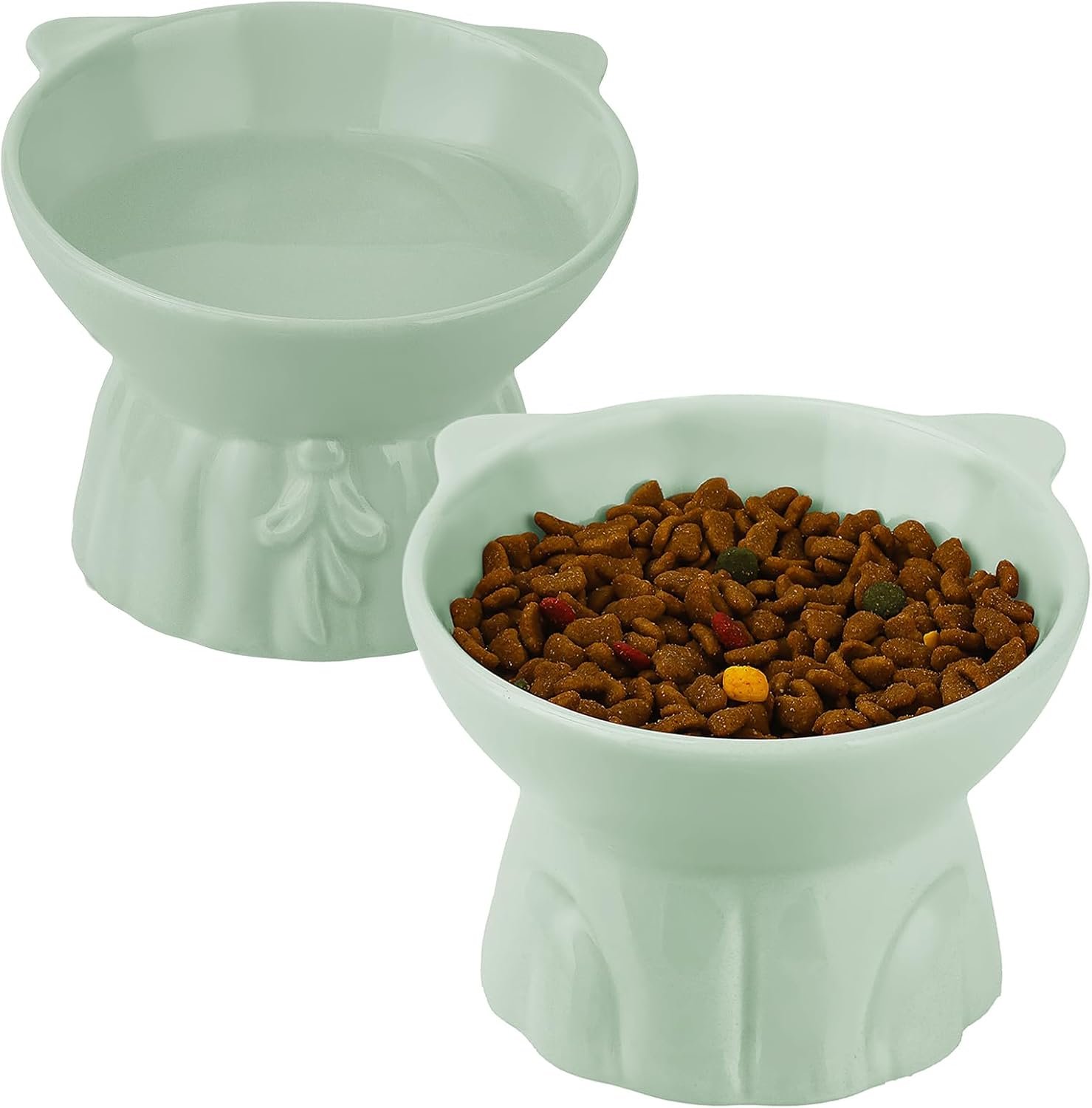 Elevated Cat Bowls 2-Pack, Ceramic Raised Cat Food & Water Dishes – Extra Wide & Shallow Whisker-Friendly Design, Anti-Vomit & Easy Digestion, Lead/Cadmium-Free, Microwave & Dishwasher Safe (Green)