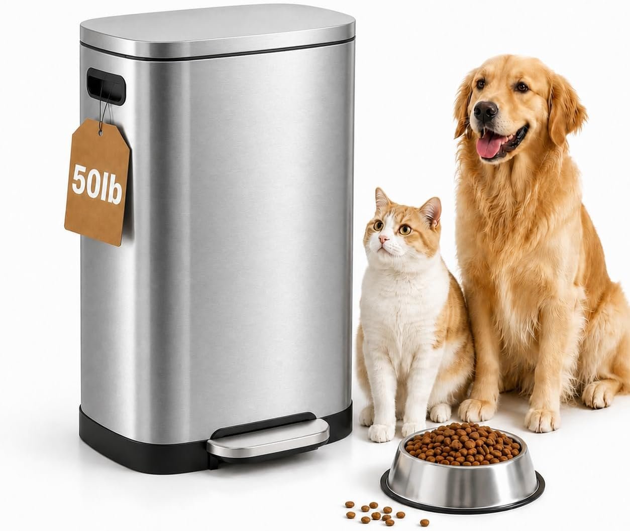 Large 50L Dog Food Storage Container – Wide Opening Stainless Steel Dog Food Bin with Hands-Free Foot Pedal & Soft Close Lid