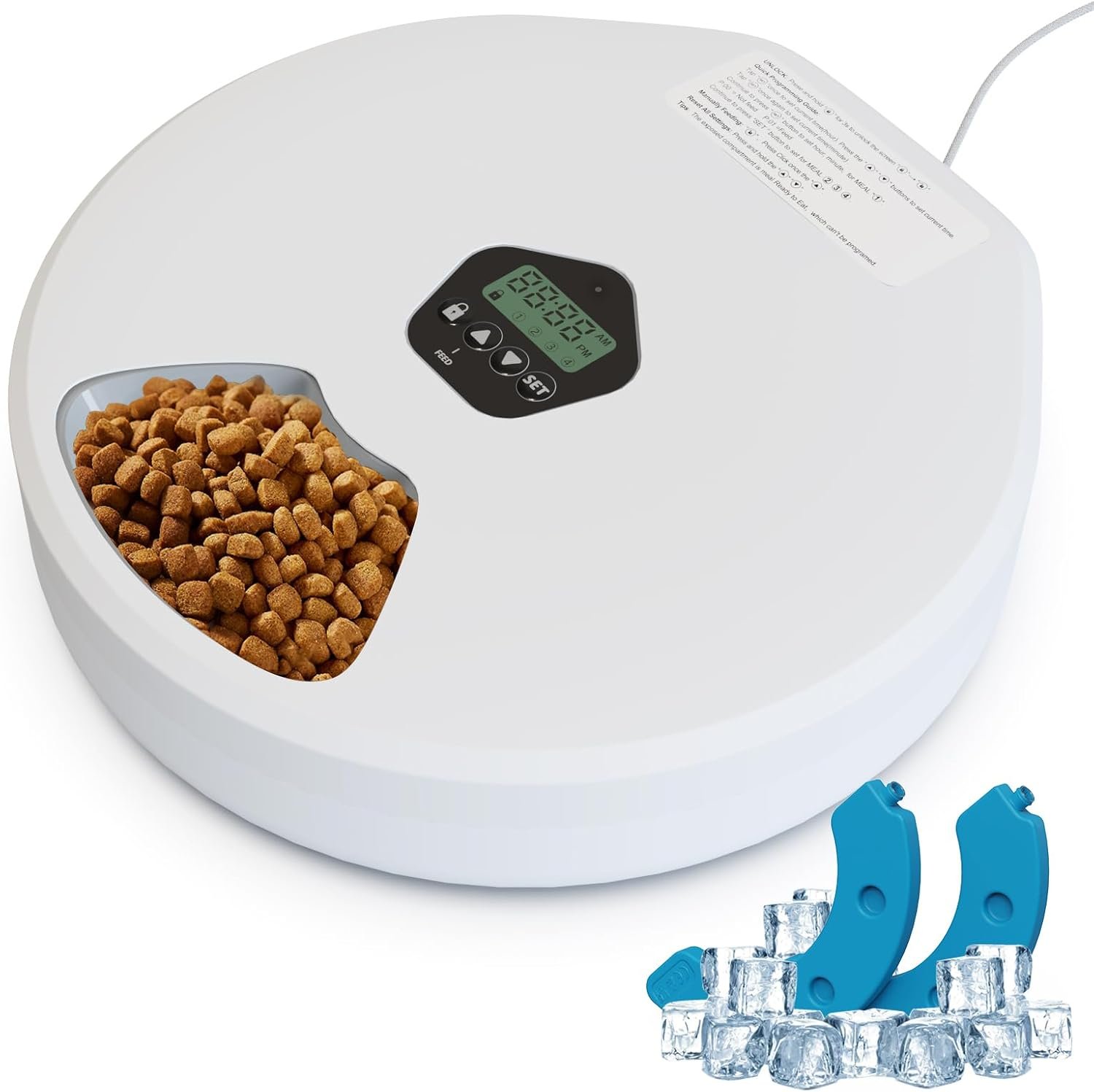 Automatic Wet Food Cat Feeder, Auto Timed Wet Cat Food Dispenser, 5 Meal Timed Programmable Pet Feeder with 2 Ice Packs for Kitten and Small Dog Food Dispenser, Dual Power & Easy to Clean