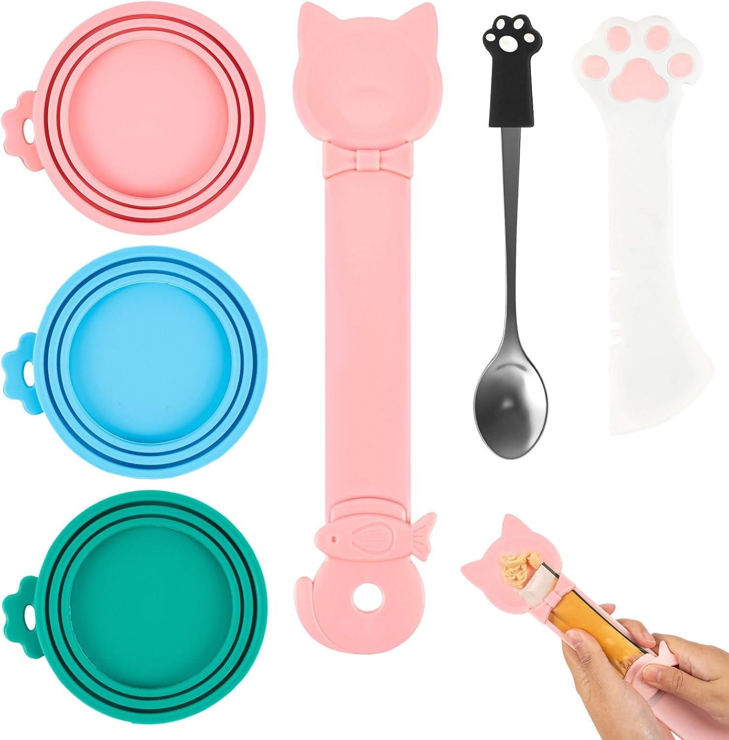 6 PCS Silicone Pet Food Can Covers Lids Set, Multi-Function Cat & Dog Wet Food Can Lids with Stainless Steel Spoon, Built-in Opener, Paw-Shaped Spatula & Treat Squeezer