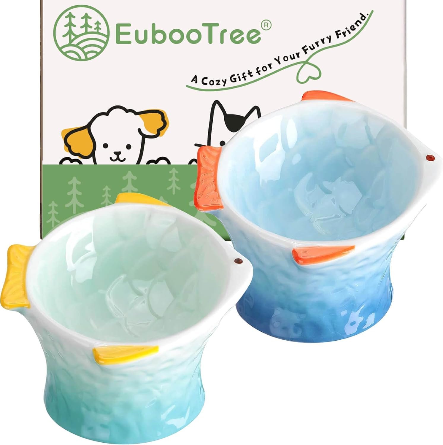 Cute Fish Shape Ceramic Elevated Cat Bowl for Food, 2-Pack