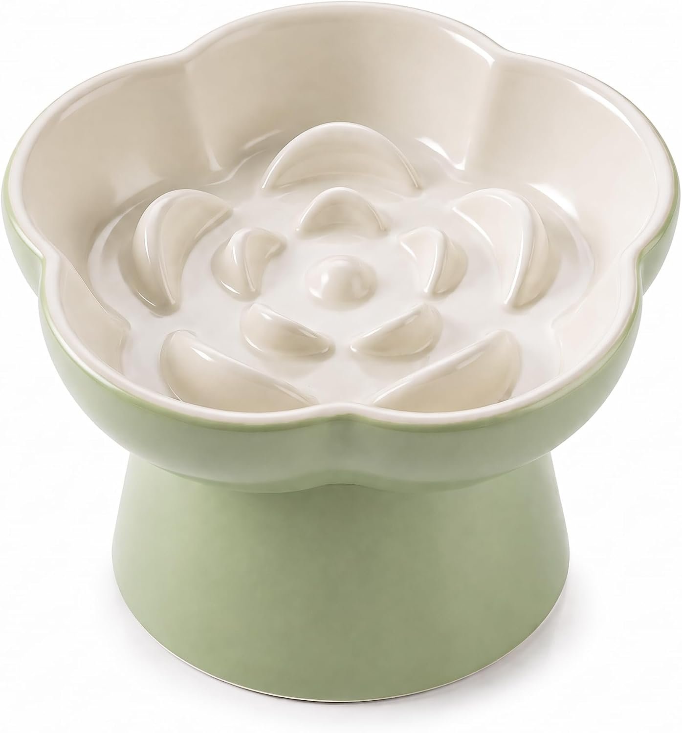 Ceramic Elevated Slow Feeder Cat Bowl, Raised and Gently Tilted Feeding Dish with Maze Design, Whisker-Friendly, Easy to Clean, for Indoor Cats and Small Dogs (Green/Ivory)