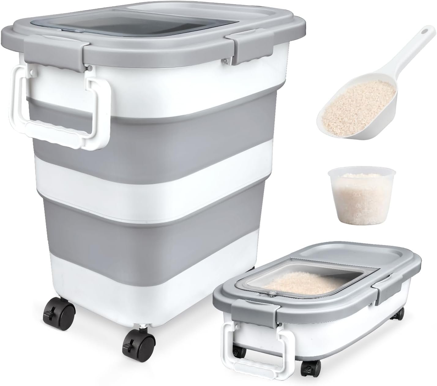 Komzon Rice Storage Container 10-40 lb, 25 lb Pet Dog Food Storage Container, Collapsible Airtight Rice Container,Rice Dispenser Bin with Cup and Scoop for Flour Cereal Pasta Grain, Cat Bird Food