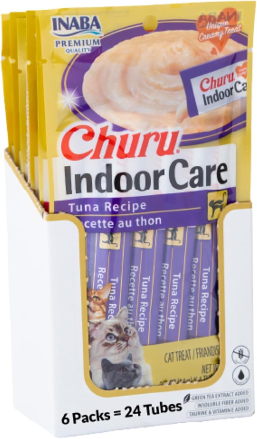 INABA Churu Indoor Care for Hairball Control, Functional Lickable Cat Treat with Taurine & Green Tea Extract, 0.5oz Each, 24 Tubes Total, Tuna Recipe