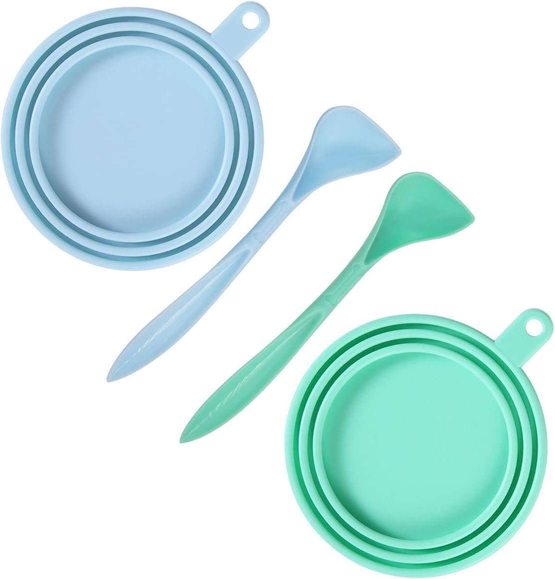 SLSON 2 Pack Pet Food Cover Universal Silicone Cat Dog Can Lids Fit Standard Size with Spoons, Light Blue and Green