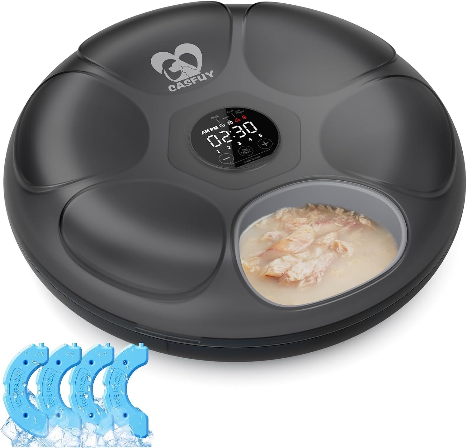 Casfuy Automatic Cat Feeder Cordless – Automatic Cat Food Dispenser for Wet Moist Food with 4 Ice Packs Rechargeable Auto Feeder for Cats Small Dogs with Programmable Timer Low Battery Indicator