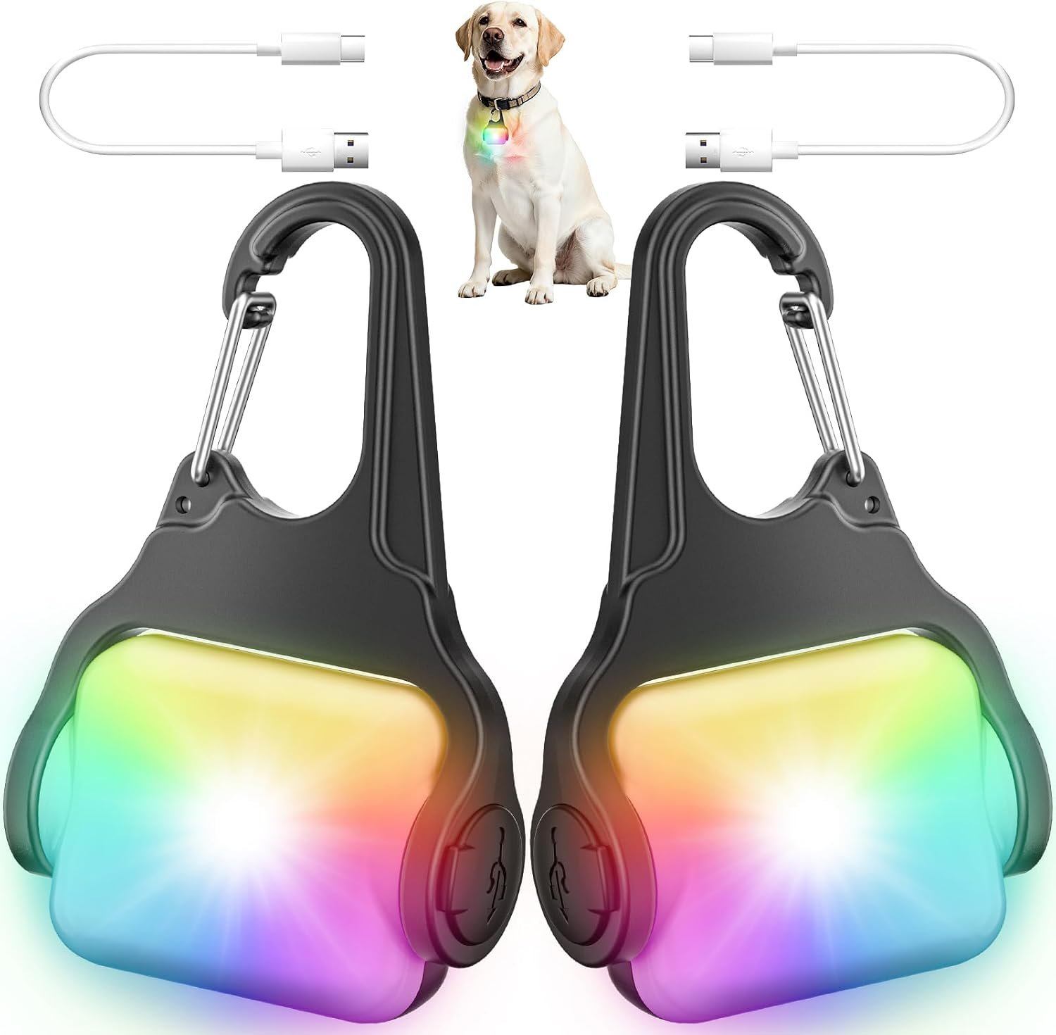 Dog Collar Light 2 Pack, Dog Lights for Night Walking 4 Modes, Waterproof Dogs Light Clip on Rechargeable, LED Dogs Walking Lights for Night Running, Camping, Climbing, Bike